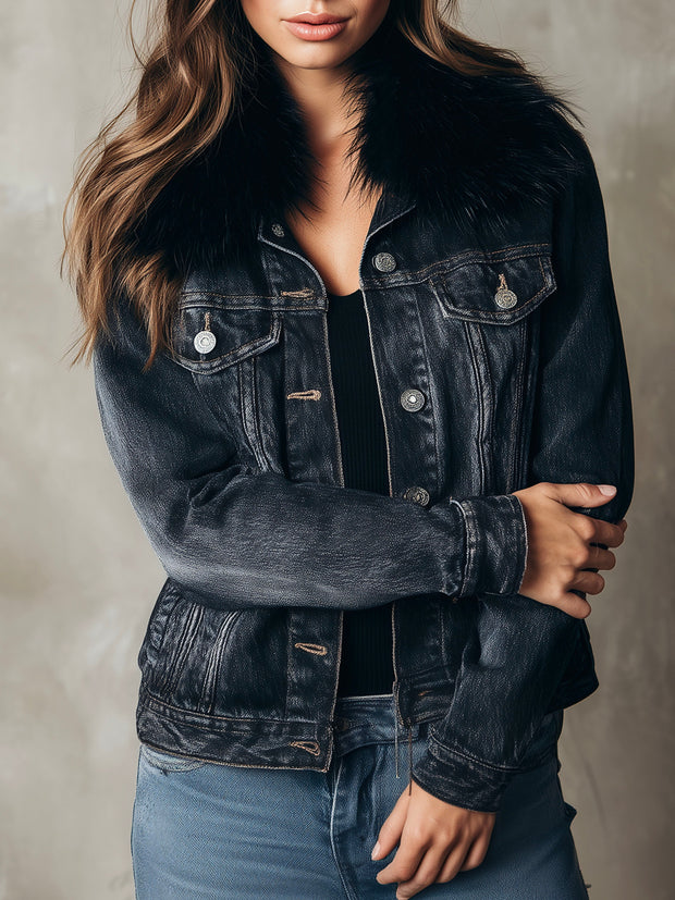 Classic Dark Blue Eco Fur Collar Denim Jacket