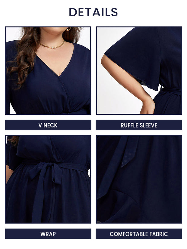 Plus Ruffle Sleeve V-Neck Knot Side Wrap Ditsy Midi Dress