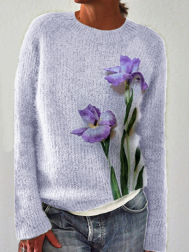 Classy Purple Irises Felt Art Cozy Knit Sweater