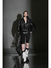 Women’s Short Moto Leather Jacket with Small Notch Collar and Cinched Hem – Spring/Fall Leather Biker Jacket