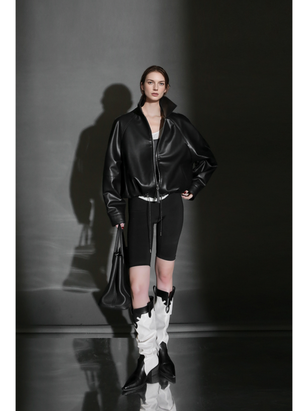 Women’s Short Moto Leather Jacket with Small Notch Collar and Cinched Hem – Spring/Fall Leather Biker Jacket