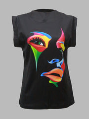 Original Casual High-Neck Cap Sleeves Face Printed T-Shirt Top