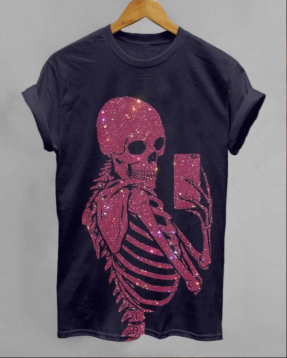 Fun Photo Taking Skull Print Cotton Crew Neck Casual T-Shirt