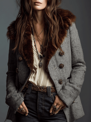 Retro Tailored Tweed Contrast Fur Lapel Jacket