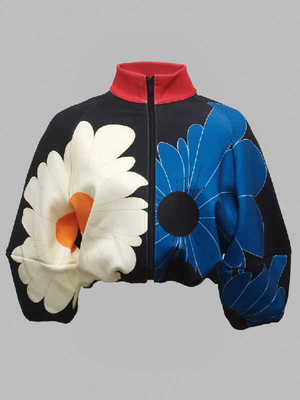 Contrast Color Flower Print Zipper Stand Collar Jackets Outerwear