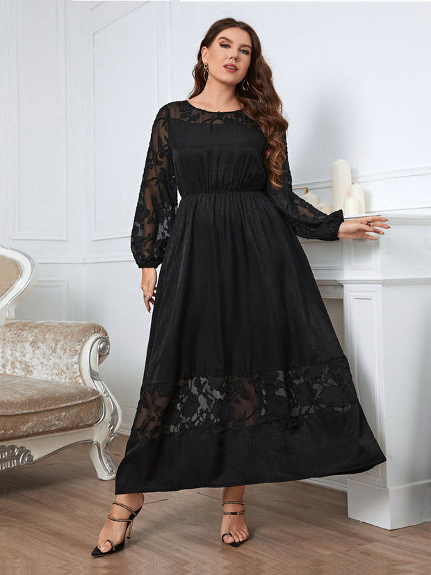 Plus Black Floral Jacquard Mesh Patchwork Maxi Dress