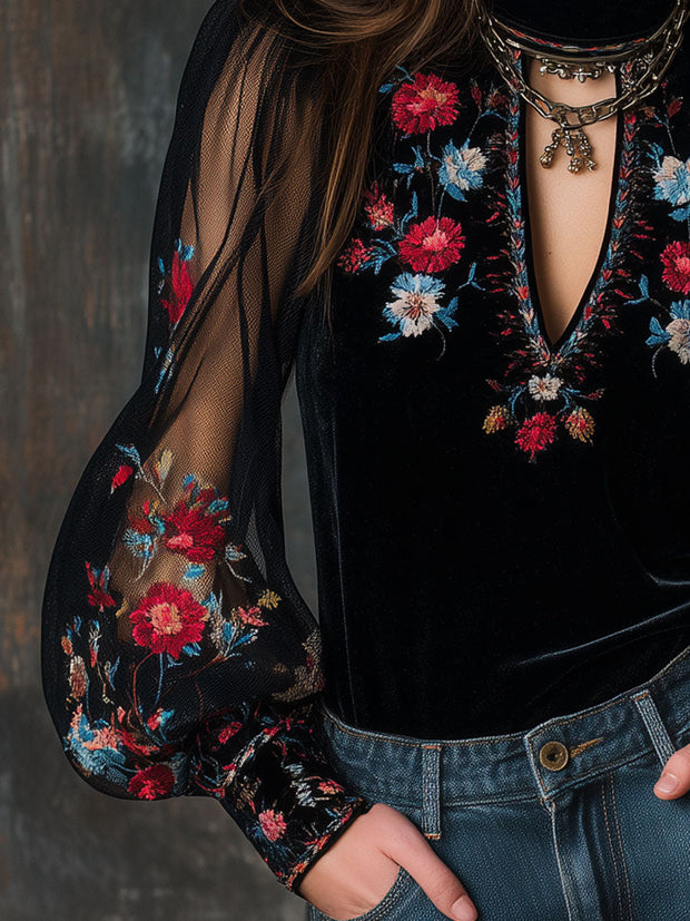 Retro Velvet Embroidered Mesh Stitching Blouse