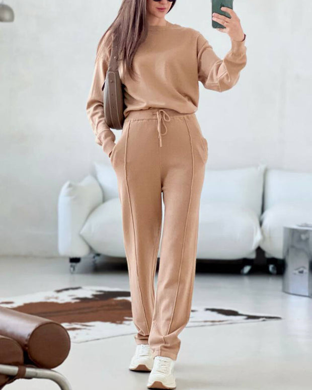 Casual round neck top and carrot pants knitted two-piece set