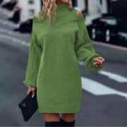 Half Turtleneck Off-the-shoulder Long Sleeve Knitted Dress