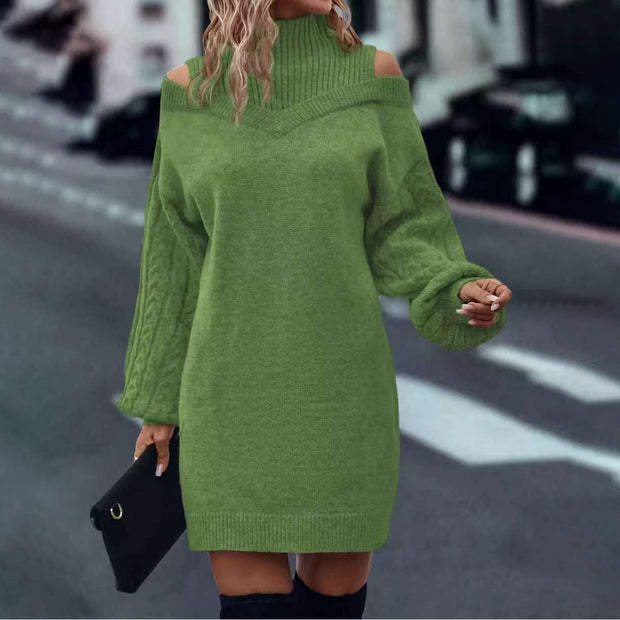Half Turtleneck Off-the-shoulder Long Sleeve Knitted Dress