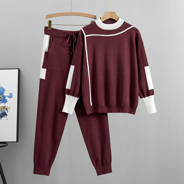 Colorblock casual knitted two-piece set