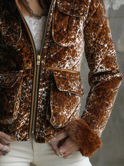 Vintage Velveteen Leopard Print Quilted Faux Fur Collar Jacket