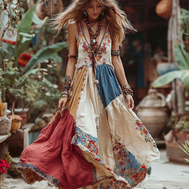 Women's Vintage Floral Patchwork V-neck Dress