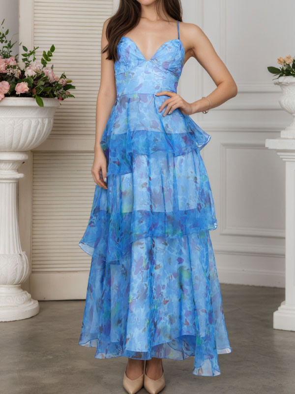 V neck tiered maxi dress