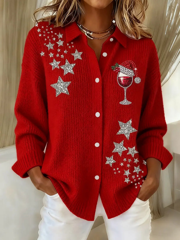 Women's Christmas Snowflake Wine Glass Art Pattern Print Knit Cardigan