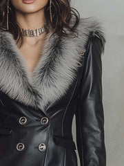 Eco-Leather Double-Breasted Jacket With Faux Fur Collar & Cuffs