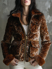 Vintage Velveteen Leopard Print Quilted Faux Fur Collar Jacket