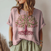 Women's Tree Of Life Pink Ribbon Embroidery Round Neck Half Sleeve T-shirt