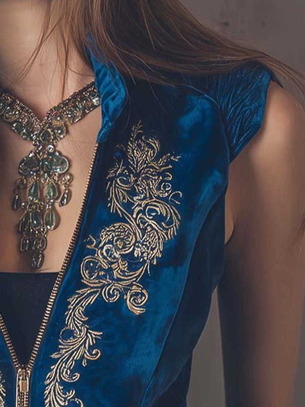 Zippered Boho Royal Blue Embroidered Velvet Vest