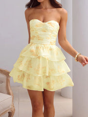 Strapless ruched tiered mini dress