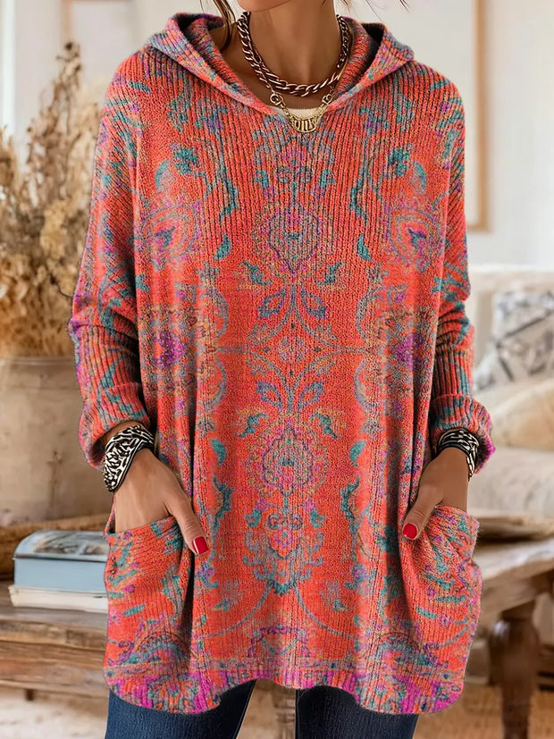 Women's Ethnic Totem Art Pattern Prints Casual Knitted Pocket Hooded Tunic Top