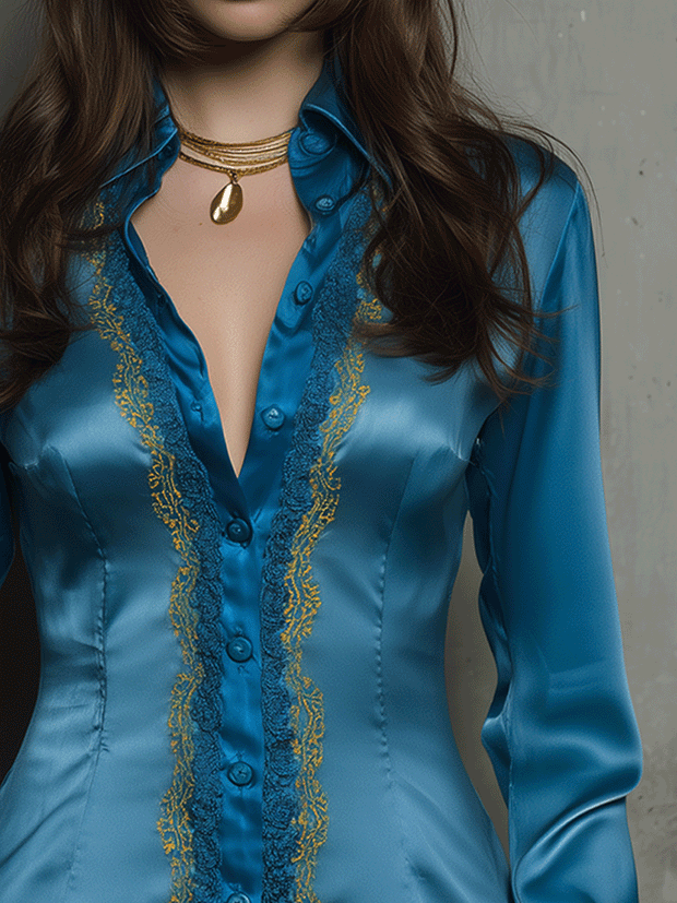 Elegant Baroque Satin Embroidered Shirt