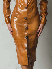 Retro Modern Caramel Eco-Croco Embossed Leather Shirt Dress