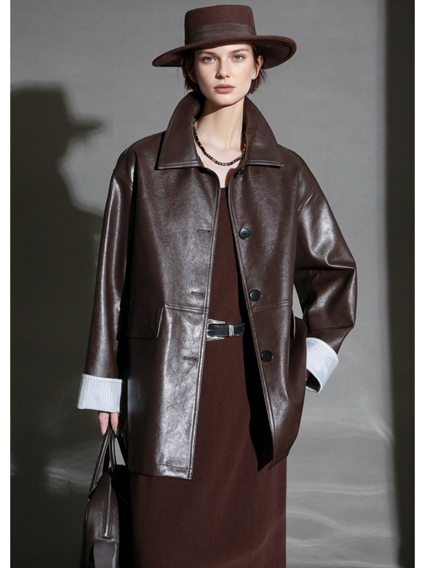 Brown Lambskin Leather Jacket for Women – Short Turn-Down Collar Biker Coat with Striped Cuffs, Chic Fall Outerwear