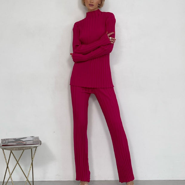 Women's Knitted Flared Pants Sweater Two -piece Suit