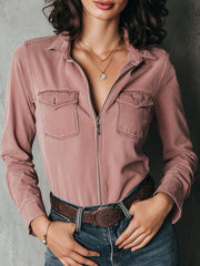 Retro Chest Pockets Dusty Rose Pink Western Zip-Up Cotton Shirt