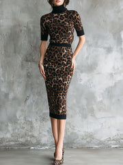 Leopard Print Knit Turtleneck Top And Matching Pencil Bodycon Skirt Set
