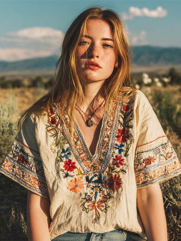 Western Vintage Boho Floral Embroidery Women's Linen V-neck T-shirt