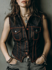 Vintage Slim Fit Washed Contrast Stitching Black Denim Vest