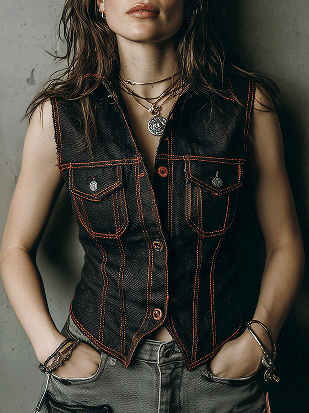 Vintage Slim Fit Washed Contrast Stitching Black Denim Vest