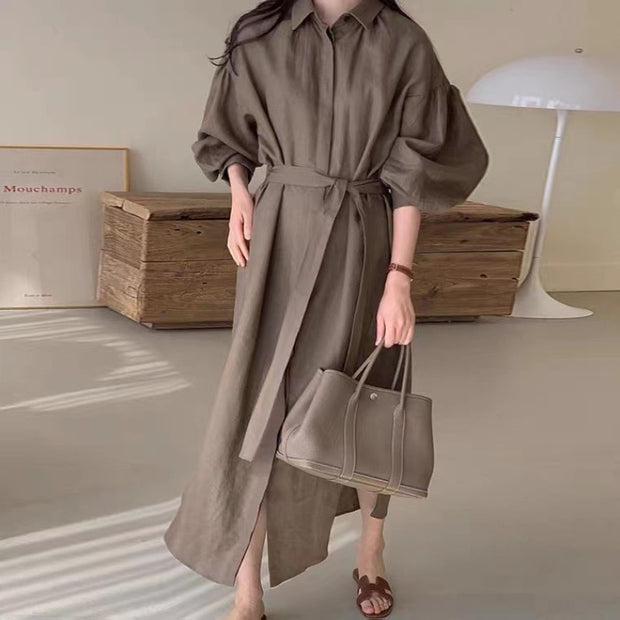 Lantern Long Sleeved Solid Color Waist Shirt Maxi Dress