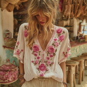 Vintage Floral Embroidery Art Short Sleeve Linen Blend T-shirt