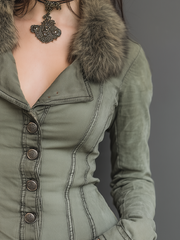Vintage Eco-friendly Fur Collar Distressed Slim-fit Jacket