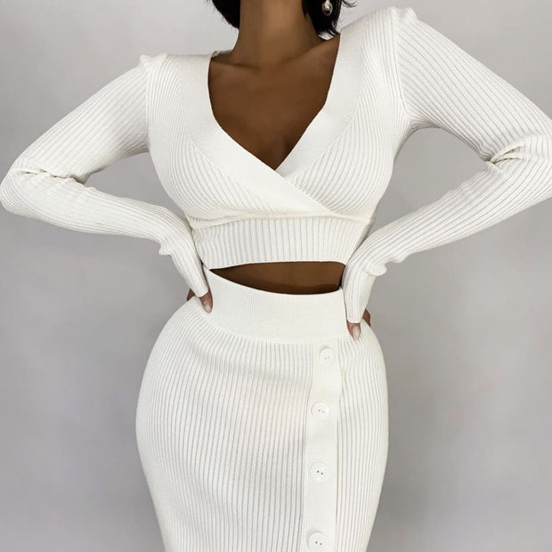 Women's Fashion Elastic Sweater Two -piece Suit