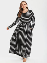 Striped Print Round Neck Pocket Maxi Dress