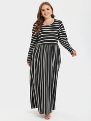 Striped Print Round Neck Pocket Maxi Dress