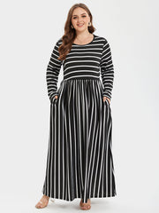 Striped Print Round Neck Pocket Maxi Dress