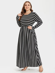 Striped Print Round Neck Pocket Maxi Dress