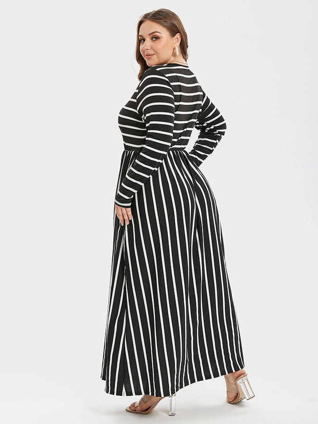 Striped Print Round Neck Pocket Maxi Dress