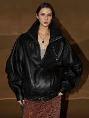 Vegetable-Tanned Goatskin Leather Jacket for Women – Double-Layer Genuine Leather Moto Coat for Fall Winter