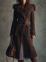 Vintage Brown Eco-Suede Coat with Full Shearling Lining and Fur Collar
