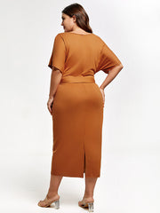 Plus Brown Ruched Tie Front Midi Dress