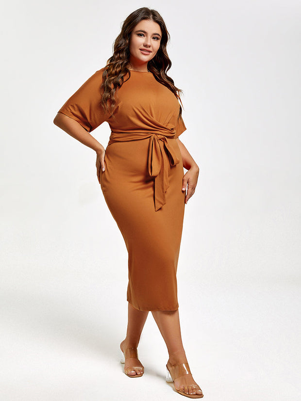 Plus Brown Ruched Tie Front Midi Dress