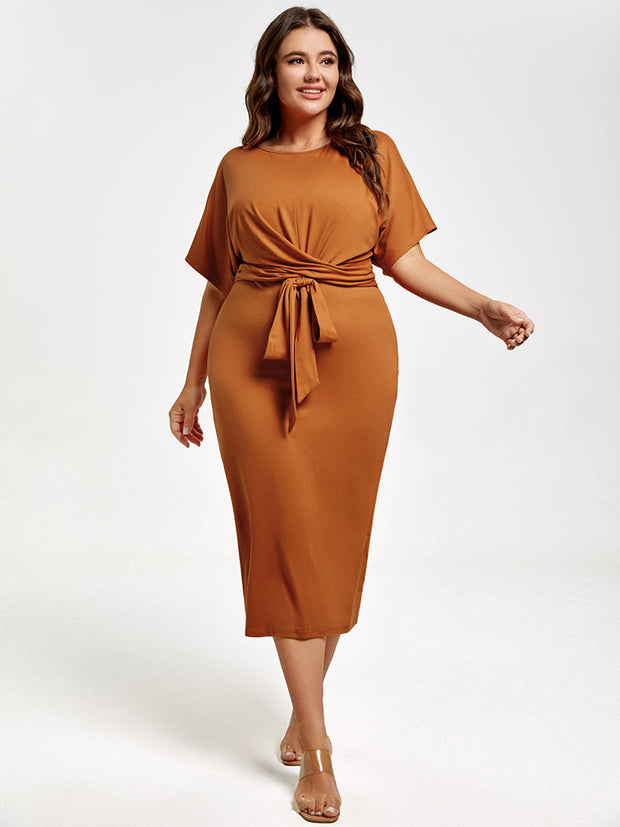 Plus Brown Ruched Tie Front Midi Dress