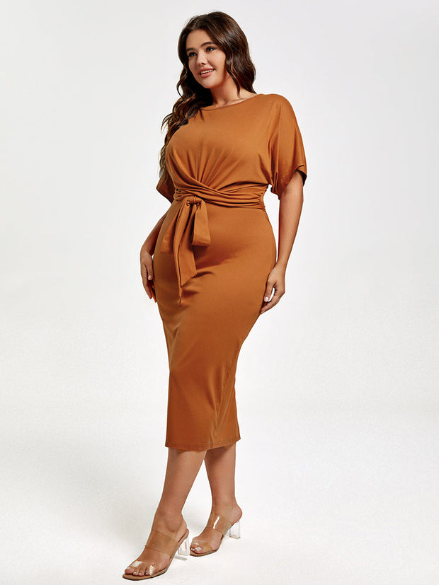 Plus Brown Ruched Tie Front Midi Dress