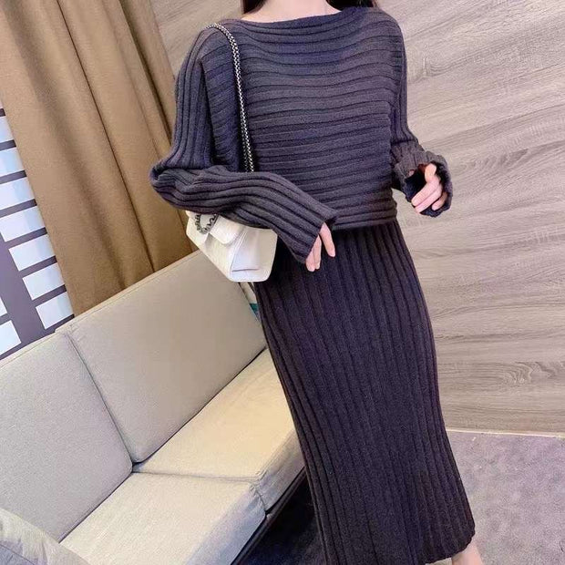 Temperament Pullover Knitted Sling Dress Set